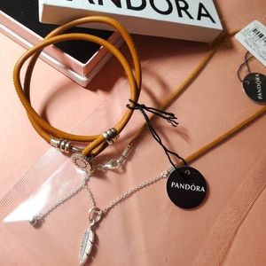 Tan leather double wrap Bracelet and Choker with feather Pendant Set
